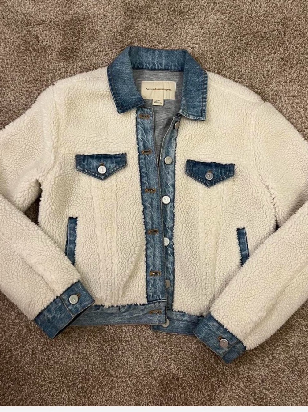 Anthropologie Cream Sherpa Jacket with Blue Denim Trim - Picture 2 of 3